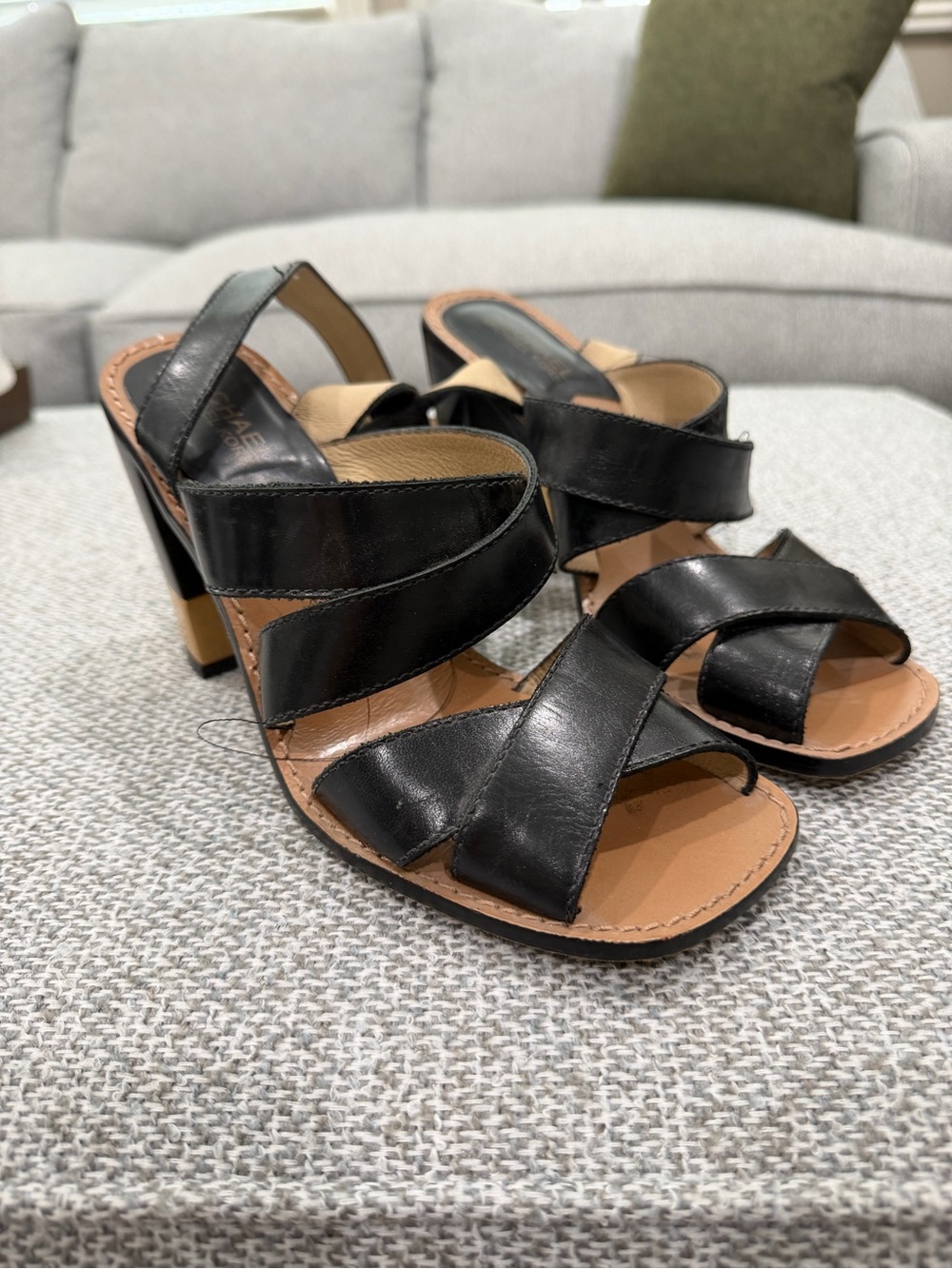 Michael Kors Black Leather Crisscross Strappy Heeled Sandals